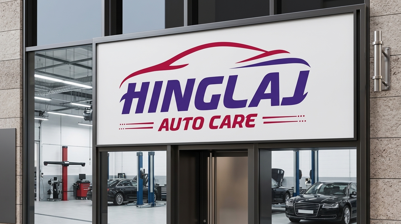 Hinglaj Auto Care official workshop storefront signboard in Chanakyapuri, Ahmedabad